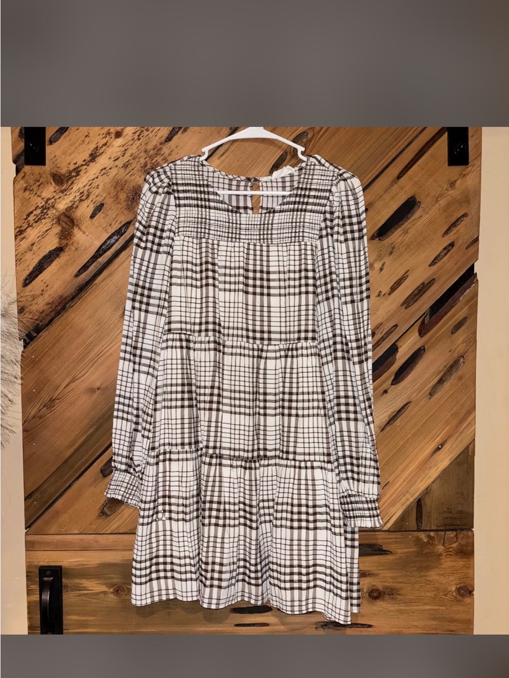 Anthropologie - By The River Brown & White Plaid Tiered Long-Sleeve Dress